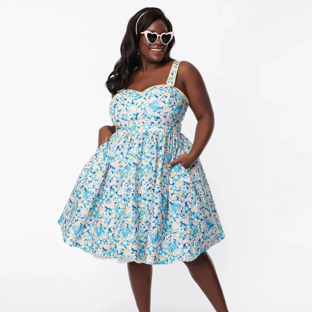 Smurfs X Unique Vintage Smurf Floral Print Pinafore Swing Dress, NWT - Picture 4 of 13
